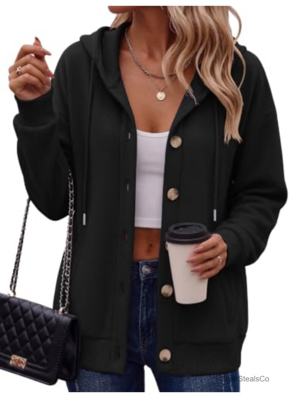 Women's Button Front Hoodie Fleece Sweatshirt with Pockets Long Sleeve Loose Fit